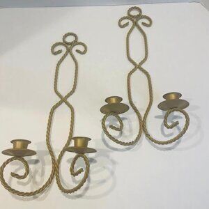 Gold Tone Twisted Metal Wire Double Candle Holder Wall Sconce Home Interiors~SET